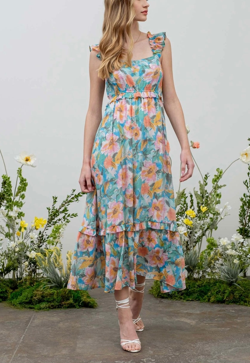 Watercolor Floral Ruffle Midi Dress – Detalle Boutique